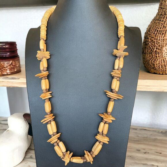 Vintage Long Length Tribal Style Wood Bead Necklace Barrel Closure